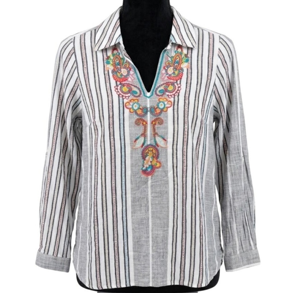 SOFT SURROUNDINGS Striped Embroidered Popover Blouse Petite Small Boho Folk $110